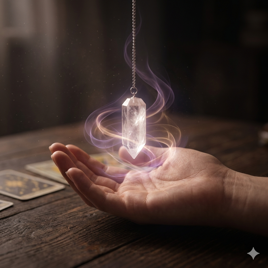 Crystal pendulum hovering over an open hand with energy swirls